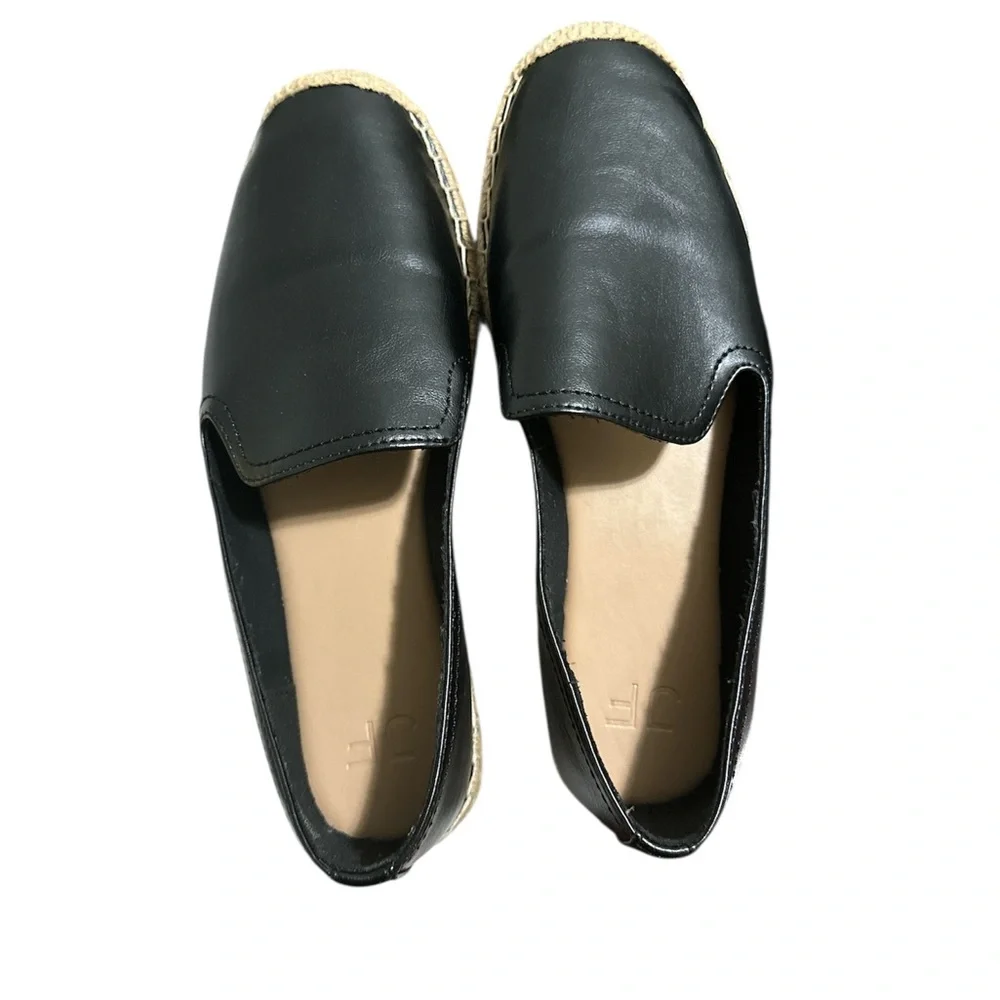 NEW Black Leather flat Espadrille With‎ Jute Toe Cap. Size 6 1/2
